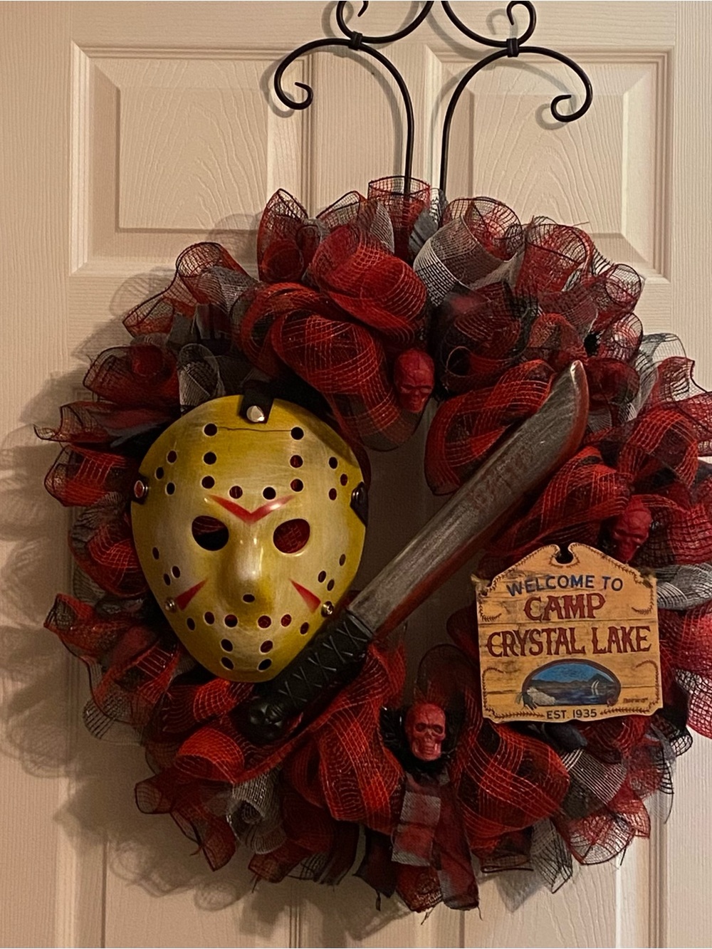 Camp Crystal Lake Halloween Wreath with Yellow Mask and Red-Black Mesh